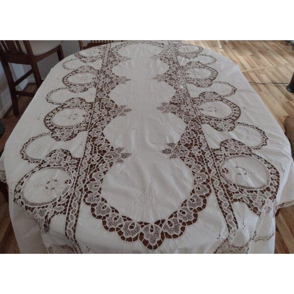 Fabulous Vintage Battenburg Tape Lace Banquet Tablecloth Ecru Embroidery 124"